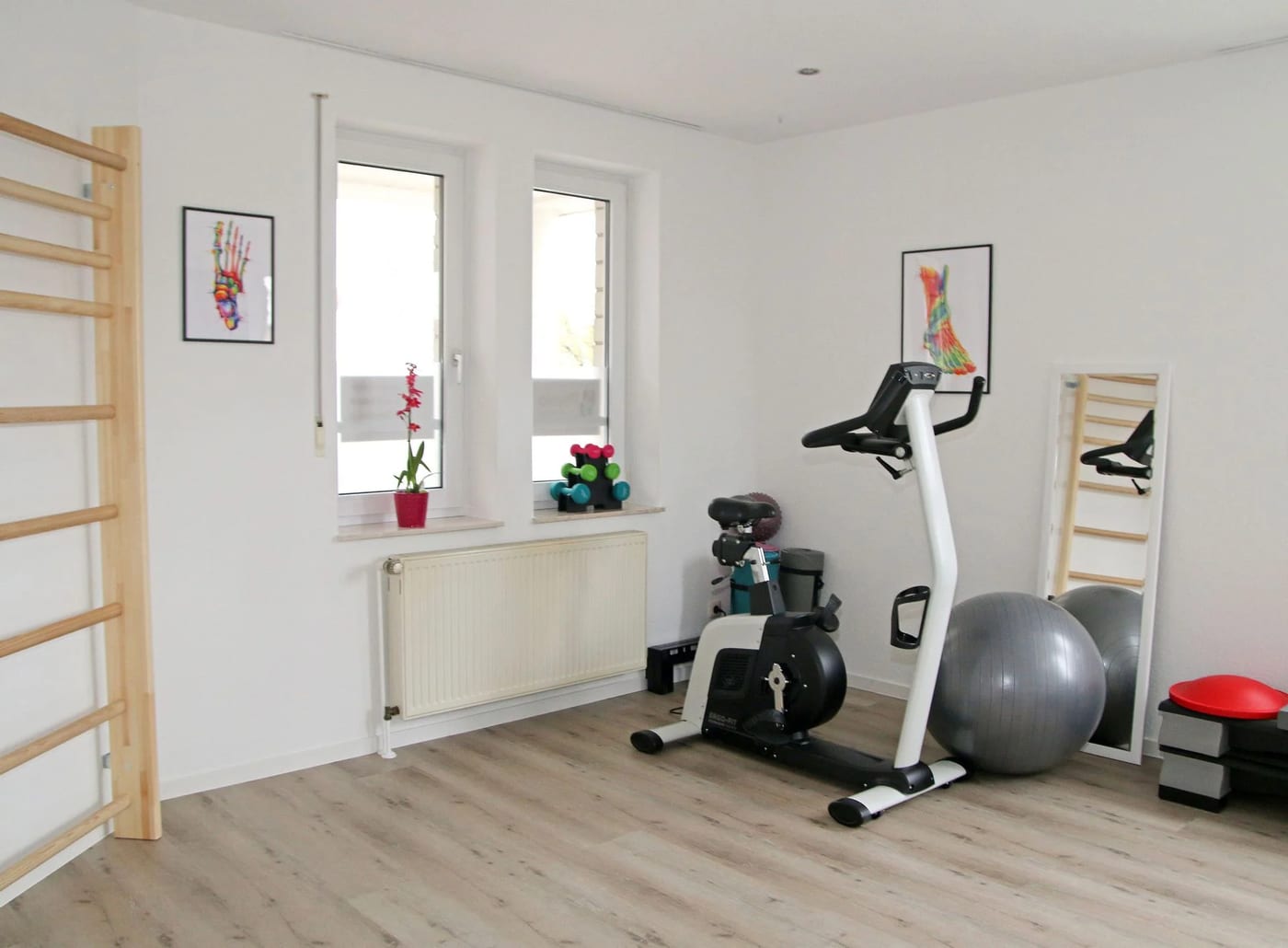 Trainingsfläche mit Ergometer und Sprossenwand
